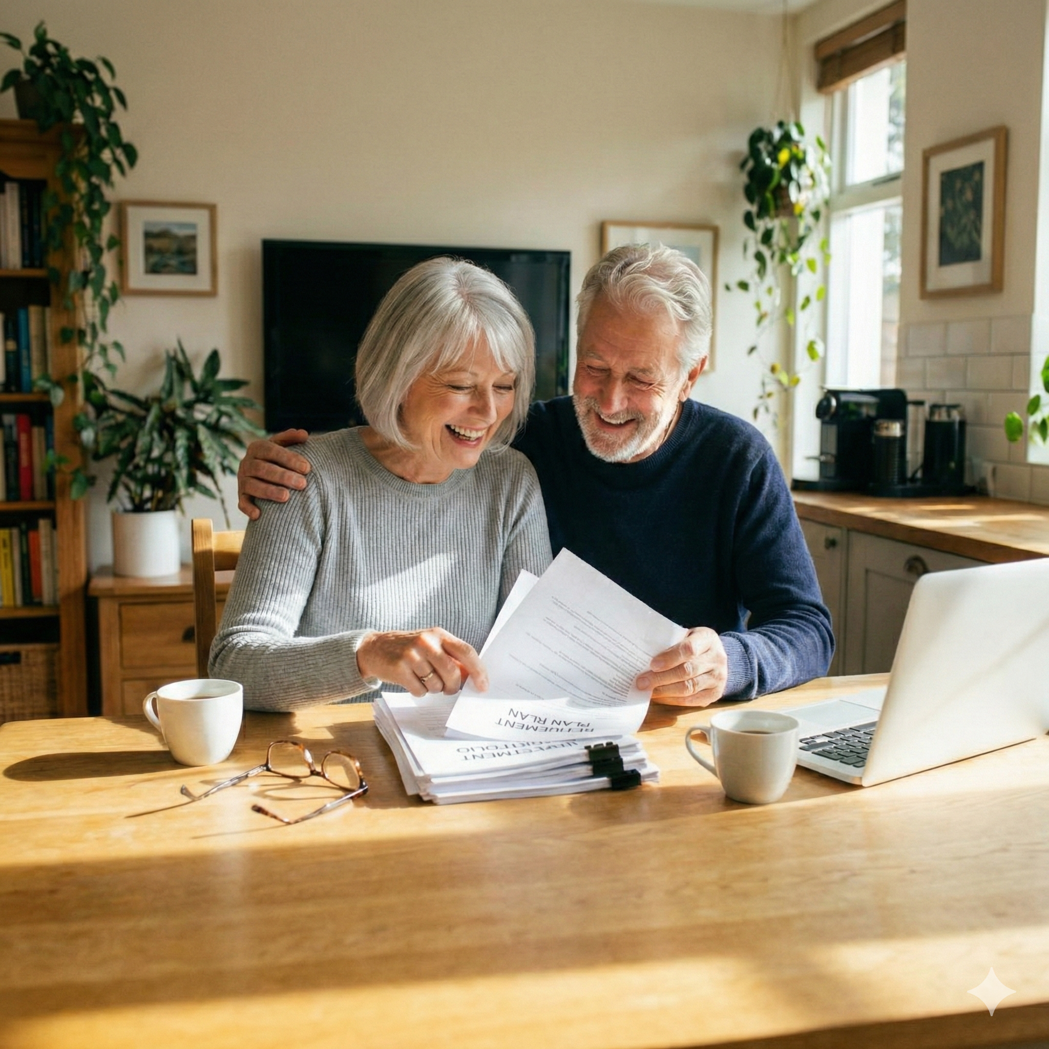 Couple smiling while reading the statement on their annuities growth.