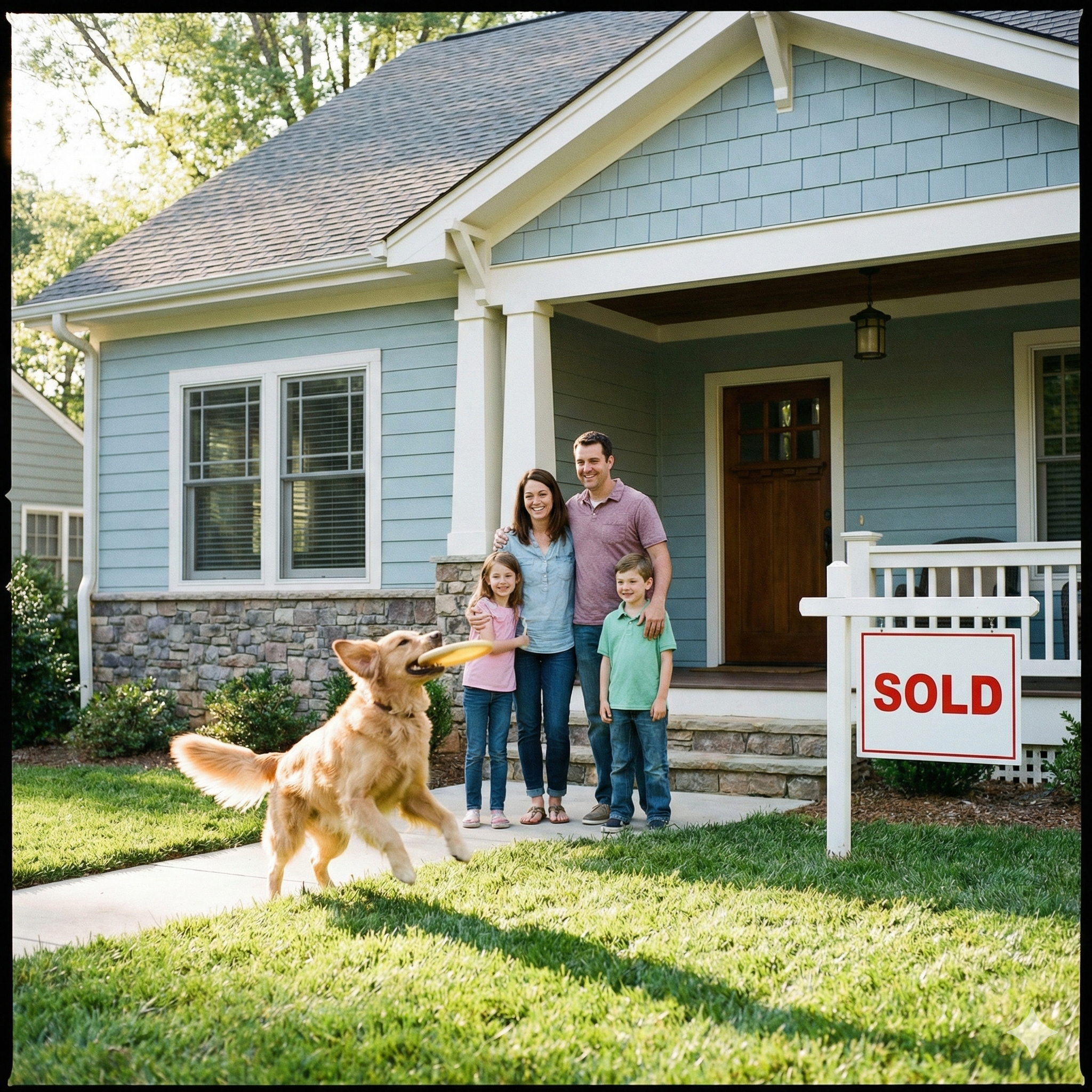 Happy family standing in front of their new home protected by a policy by Audrey Powell.